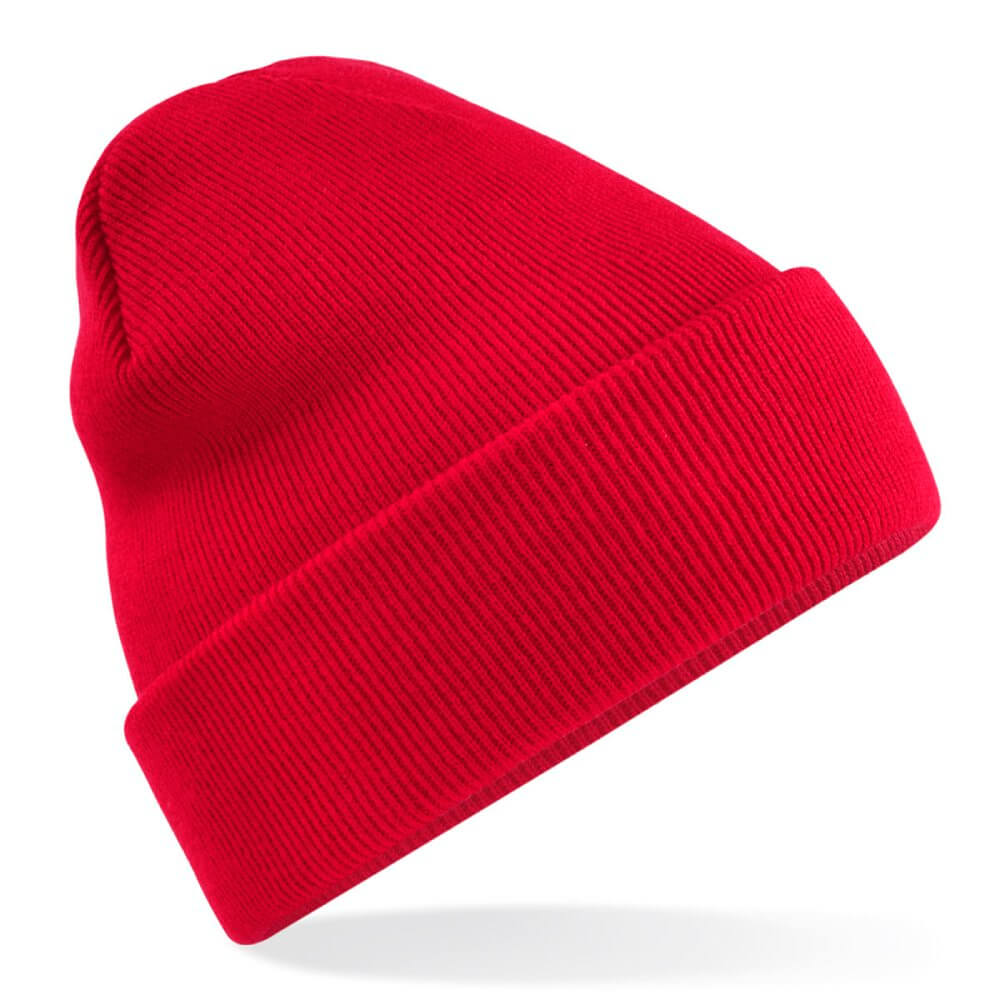 image of a red recycled beanie