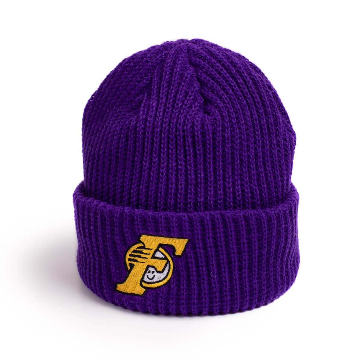 Close up of a purple beanie